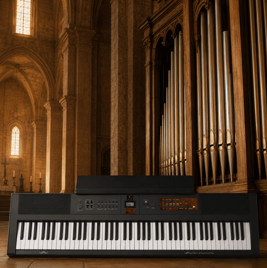 Vox Sacra 88 by atelet organi in una chiesa, davanti alle canne dell’organo